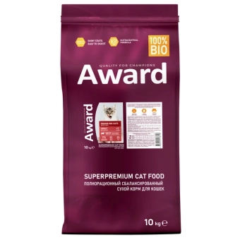 Корм Award для домашних кошек крупных пород с говядиной и курицей с брокколи и юккой Шидигера