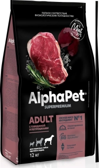 Корм Alphapet для взрослых собак крупных пород с говядиной и потрошками