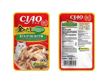 Паучи Inaba Chiao Kinnodashi для кошек с тунцом Магуро и тунцом Кацуо со вкусом морского гребешка
