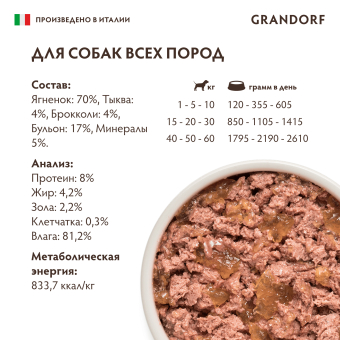Консервы Grandorf для взрослых собак всех пород монопротеиновый паштет из ягненка с тыквой и брокколи