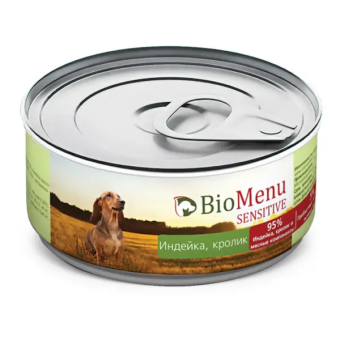 Банки BioMenu Sensetive adult dog для собак с индейкой и кроликом для чувствительного пищеварения