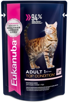 Eukanuba Adult Top Condition влажный рацион с лососем в соусе для взрослых кошек