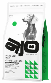 Корм AJO Dog Mini Hypoallergenic с гречкой для взрослых собак миниатюрных и малых пород, склонных к аллергиям