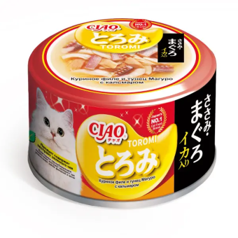 Банки Inaba Chiao Toromi для кошек с куриными филе и тунцом Магуро с кальмарами