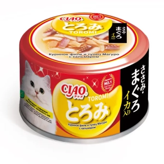 Банки Inaba Chiao Toromi для кошек с куриными филе и тунцом Магуро с кальмарами