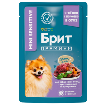 Паучи Brit Premium для взрослых собак мини пород с чувствительным пищеварением с ягненком и морковью в соусе