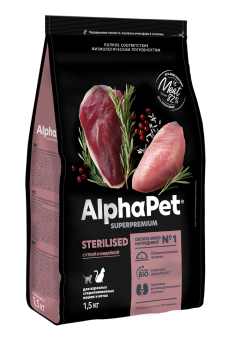 Корм Alphapet Superpremium Sterilised для взрослых стерилизованных кошек и котов с уткой и индейкой