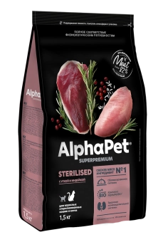 Корм Alphapet Superpremium Sterilised для взрослых стерилизованных кошек и котов с уткой и индейкой