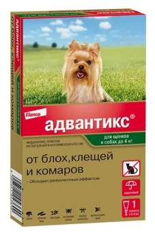 Капли на холку Адвантикс от блох, клещей и комаров для собак весом до 4 кг