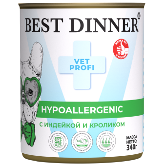Консервы Best Dinner Vet Profi Exclusive Hypoallergenic для собак при пищевой аллергии с индейкой и кроликом 340г