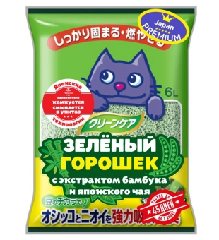 Комкующийся наполнитель Japan Premium Pet с зелёным горошком и экстрактом бамбука и японского чая