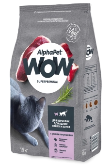 Корм Alphapet WOW Superpremium для взрослых домашних кошек и котов с уткой и потрошками