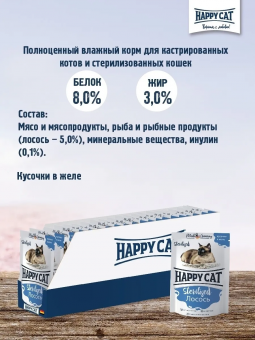 Паучи Happy Cat Sterilised для стерилизованных кошек кусочки в желе с лососем