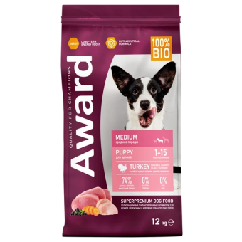 Корм Award для щенков от 1 меси кормящих сук средних пород с индейкой и курицей с морковью и черной смородиной