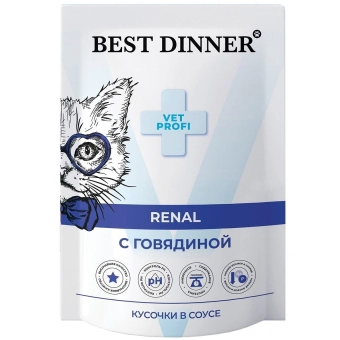 Влажный корм Best Dinner Vet Profi Renal для любых кошек кусочки в соусе с говядиной, для профилактики заболевания почек