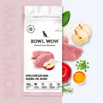 Корм Bowl Wow для щенков средних пород со свежим ягнёнком, индейкой, рисом и брусникой