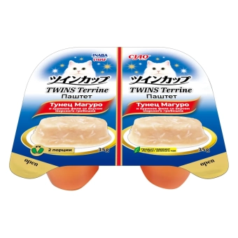 Ламитесры Inaba Ciao Twins Terrine паштет для кошек с тунцом магуро и куриным филе со вкусом морского гребешка