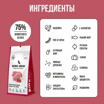 Корм Bowl Wow для щенков средних пород с индейкой, ягнёнком, рисом и клюквой