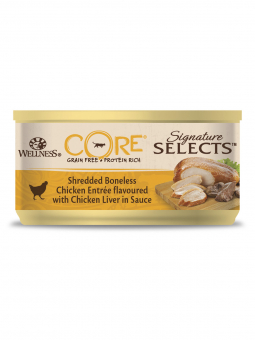 Банки Wellness Core Signature Selects для кошек из курицей с с куриной печенью в виде фарша в соусе
