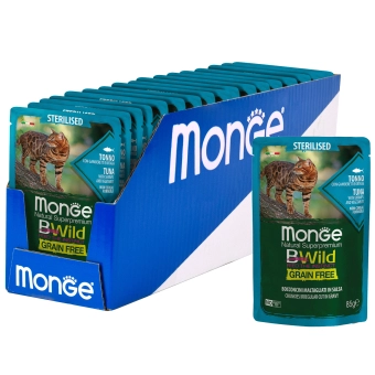 Паучи Monge Cat BWild GRAIN FREE беззерновой для стерилизованных кошек беззерновой из тунца с креветками и овощами
