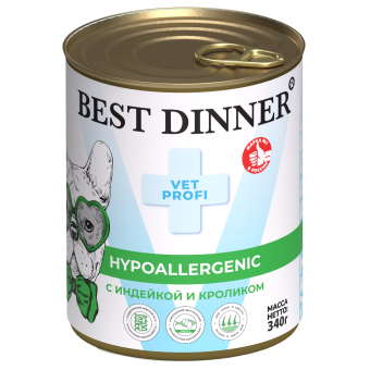 Консервы Best Dinner Vet Profi Exclusive Hypoallergenic для собак при пищевой аллергии с индейкой и кроликом 340г