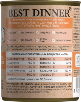 Консервы Best Dinner High Premium для собак. Натуральная Индейка