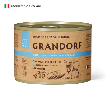 Консервы Grandorf для взрослых собак всех пород монопротеиновый паштет из говядины с бататом и цветной капустой