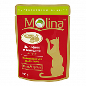 Паучи Molina для кошек с цыплёнком и говядиной в соусе