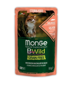 Паучи Monge Cat BWild GRAIN FREE беззерновой для стерилизованных кошек беззерновой из лосося с креветками и овощами