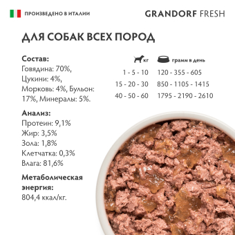 Консервы Grandorf Fresh для взрослых собак всех пород монопротеиновый паштет из говядины с цукини и морковью