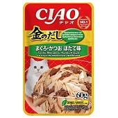 Паучи Inaba Chiao Kinnodashi для кошек с тунцом Магуро и тунцом Кацуо со вкусом морского гребешка Паучи Inaba Chiao Kinnodashi для кошек с тунцом Магуро и тунцом Кацуо со вкусом морского гребешка