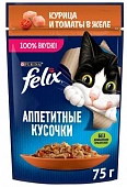 Влажный корм Felix Аппетитные кусочки для взрослых кошек с курицей и томатами в желе