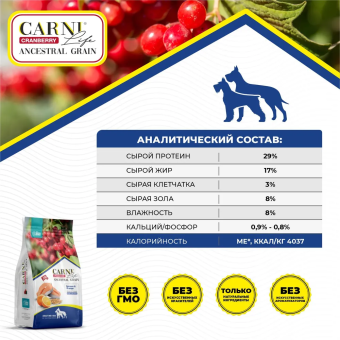 Корм Carni Medium Maxi для средних и крупных пород собак слососем, апельсином и клюквой