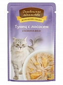 Паучи Деревенские Лакомства для кошек из тунца с лососем в нежном желе Паучи Деревенские Лакомства для кошек из тунца с лососем в нежном желе