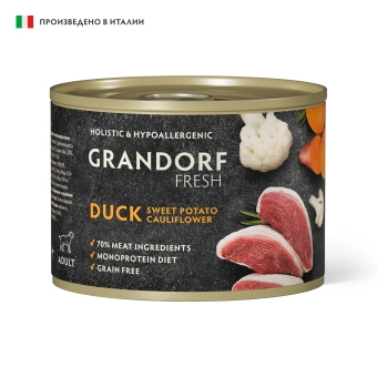 Консервы Grandorf Fresh для взрослых собак всех пород монопротеиновый паштет из утки с бататом и цветной капустой