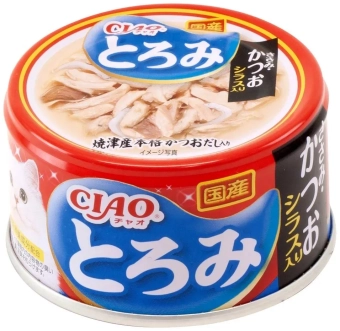 Банки Inaba Toromi для кошек с куриным филе и тунцом кацуо и мальками ширасу в бульоне 