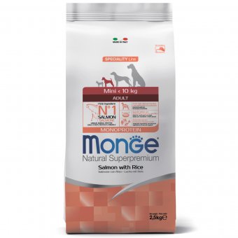 Корм Monge Dog Speciality Line Monoprotein Mini для взрослых собак мелких пород, из лосося с рисом