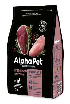 Корм Alphapet Superpremium Sterilised для взрослых стерилизованных кошек и котов с уткой и индейкой
