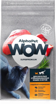 Корм Alphapet WOW для взрослых стерилизованных кошек и котов с индейкой и потрошками
