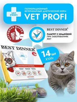 Ламистеры Best Dinner Vet Profi Gastrointestinal для кошек с чувствительным пищеварением нежный паштет из индейки