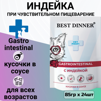 Паучи Best Dinner Vet Profi Gastro Intestinal для кошек для проф. заболевания ЖКТ кусочки в соусе с индейкой