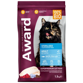 Корм Award Sterilized для стерилизованных кошек с белой рыбой с семян льна, клюквой и цикорием