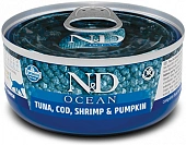 Консервы Farmina N&D Cat Ocean Tuno, Cod, Shrimp & Pumpkin для кошек с тунцом, треской с креветками и тыквой Консервы Farmina N&D Cat Ocean Tuno, Cod, Shrimp & Pumpkin для кошек с тунцом, треской с креветками и тыквой