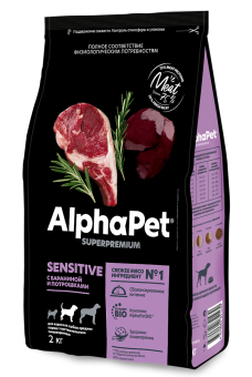 Корм Alphapet Superpremium для взрослых собак средних пород с чувствительным пищеварением с бараниной и потрошками