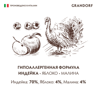 Консервы Grandorf для взрослых собак всех пород монопротеиновый паштет из индейки с яблоком и малиной