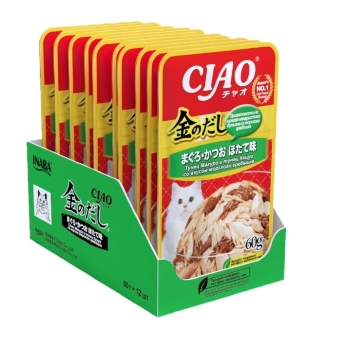 Паучи Inaba Chiao Kinnodashi для кошек с тунцом Магуро и тунцом Кацуо со вкусом морского гребешка