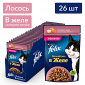 Паучи Felix Sensations для кошек с лососем в желе со вкусом трески Паучи Felix Sensations для кошек с лососем в желе со вкусом трески
